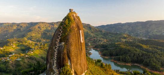 Aerial view of Piedra del Penol with mountains in the background, Guatapé, Antioquia, Colombia