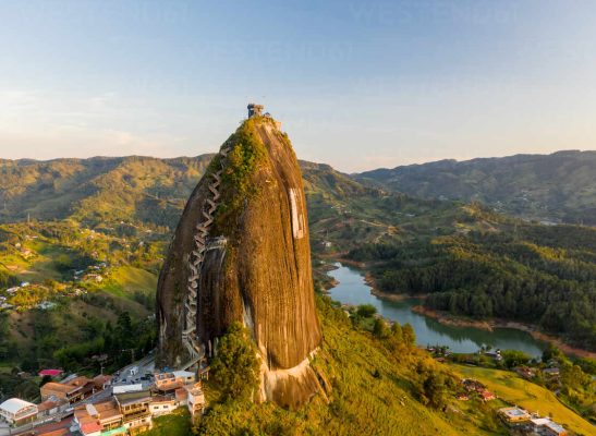 Aerial view of Piedra del Penol with mountains in the background, Guatapé, Antioquia, Colombia