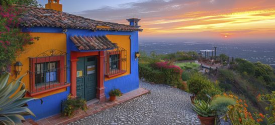 Side view of a traditional Mexican home with vivid colors and intricate details. The scene includes local wildlife and a vibrant sunset. Shot on 35mm film, realistic, high-resolution --chaos 12 --ar 8:5 --style raw --stylize 450 --v 6 Job ID: 316345e4-ea3c-4d98-b741-a4de1e676499